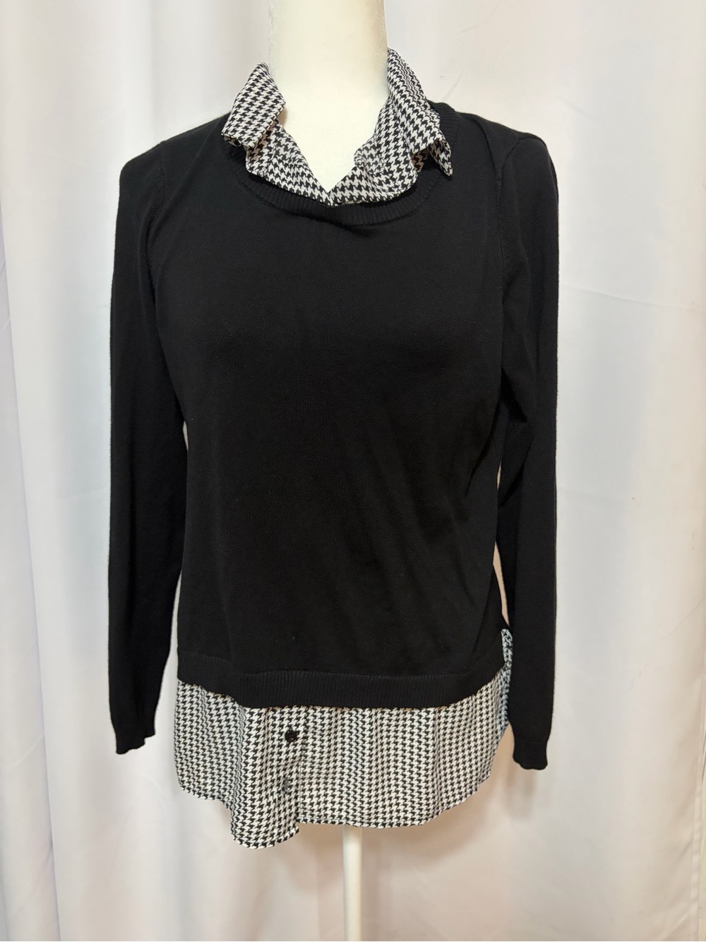 Adrianna Papell Black Sweater with Black-and-White Houndstooth Trim
